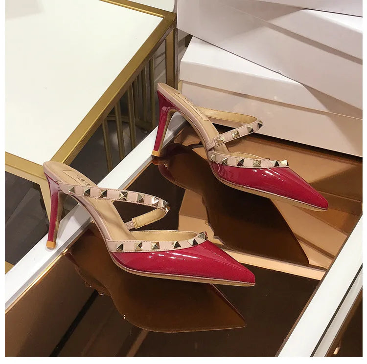 2025 New Genuine Leather Gladiator Pumps Sandals Luxury Metal Rivets Summer Women Outdoor Slippers Black Fashion High Heels 41