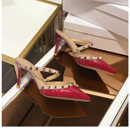 2025 New Genuine Leather Gladiator Pumps Sandals Luxury Metal Rivets Summer Women Outdoor Slippers Black Fashion High Heels 41