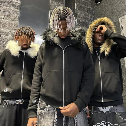 2025 Outono/Inverno Novas Blusas Y2k Harajuku Gola de Pele Artificial Moletom com Capuz Roupa Estampada Hip Hop Punk Gótico Moletom com Zíper