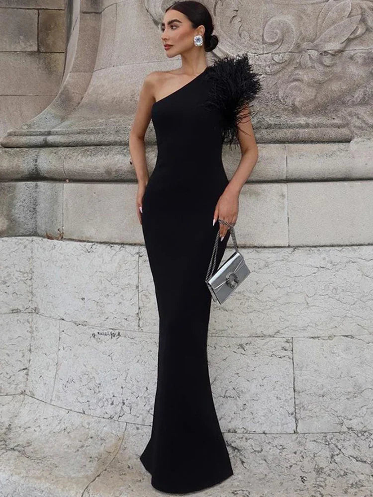 Black Sleeveless One Shoulder Maxi Dress For Women Bodycon Sexy Party Elegant Long Dress Birthday Evening Outfit