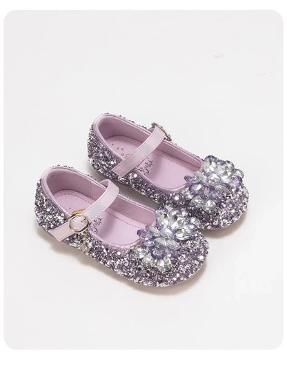 Girls Crystal Slip-On Shoes Soft Bottom Rhinestone Princess Flats Spring Autumn New Style Kids Lightweight Sweet Leather Shoes
