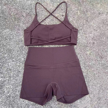Yoga Shorts Set Gym Two Piece Sports Set Women Workout Outfit Fitness Suit Cross Straps Bra High Waist Shorts Running Tracksuit