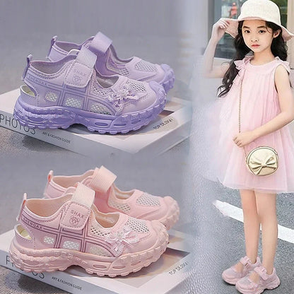2026 summer new girls' bow mesh toe sandals soft and casual beach sandals children's outdoor walking non slip flat shoes