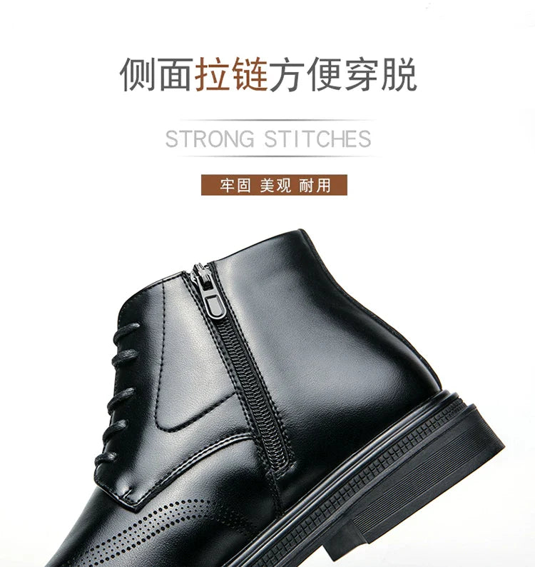 Men Pu Leather High Top Boots With Side Zipper Block Carving Design Business Casual And Handmade Ankle Boots