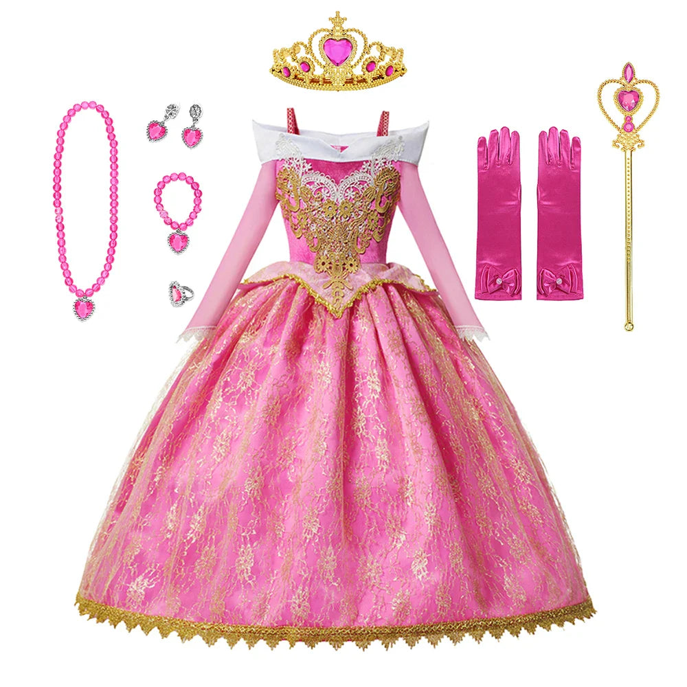 Luxury Girls Princess Costume Ball Gown Dress Fancy Birthday Carnival Party Off Shoulder Golden Applique Children Outfits Dress