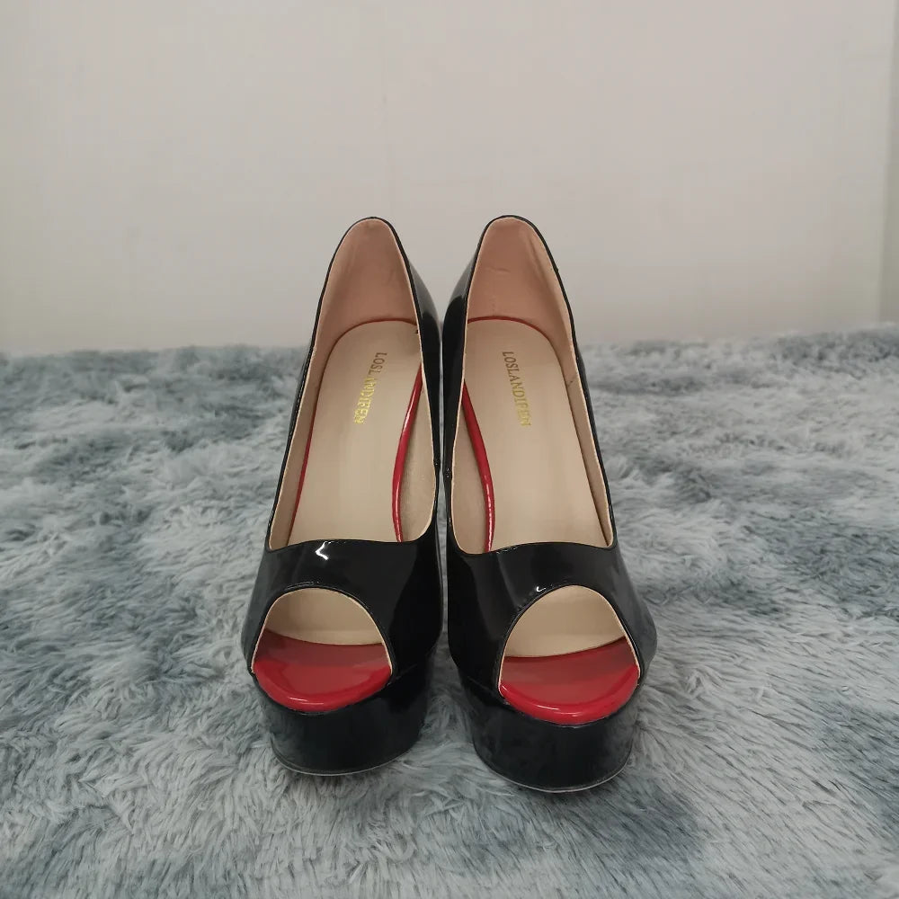 Women Pumps Sexy Peep Toe Platform 14cm Super High Heels Patent Leather Shoes Red Wedding Stilettos Large Size 44