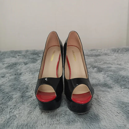 Women Pumps Sexy Peep Toe Platform 14cm Super High Heels Patent Leather Shoes Red Wedding Stilettos Large Size 44