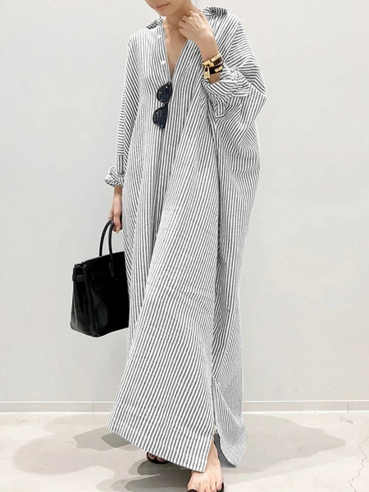 2025 Stripe Printed Beach Party Sundress Spring Fall Bohemian Women Long Sleeve Lapel Dress Fashion Casual Loose Vestidos