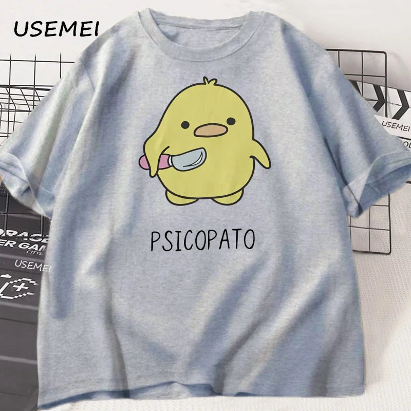 T Shirt Men Women Cute Duck with Knife Tshirt Casual Short Sleeve Cotton Printed Round Neck T-shirt Streetwear Loose