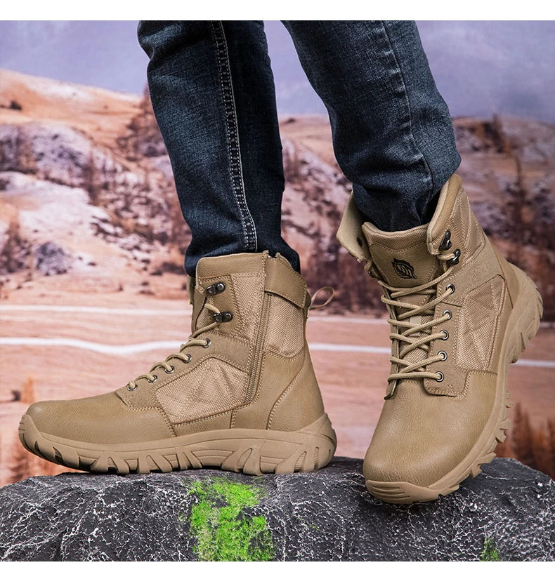 Brand High-Top Leather Men's Boots Breathable Desert Combat Men Work Ankle Outdoor Non-slip Hiking Boots Men's Motorcycle Boots