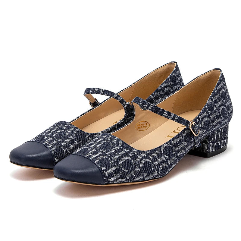 Women's High Heels New Low Heel Texture Mommy Casual Shoes Mary Jane Shoes