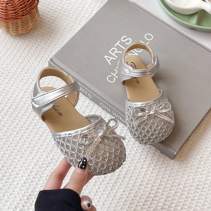 Girl's Sandals Breath-mesh Braided Adorable Summer Kids Sliders Bowtie Beige Sliver Round Toe All-match Childern Shoes 23-33
