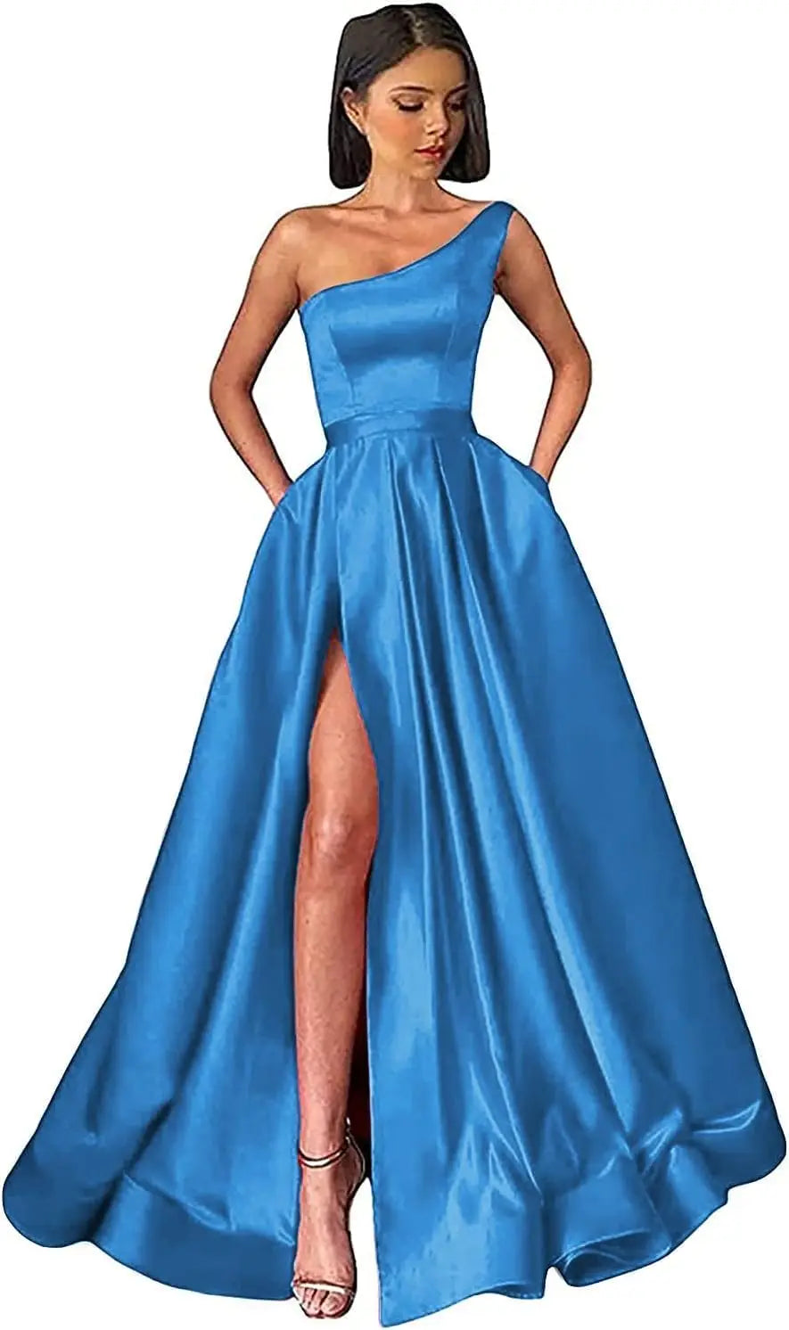 Women's One Shoulder Prom Dresses with Pocket High Slit Pleated Satin Corset Formal Gowns Evening Dress A Line Bridesmaid Gown