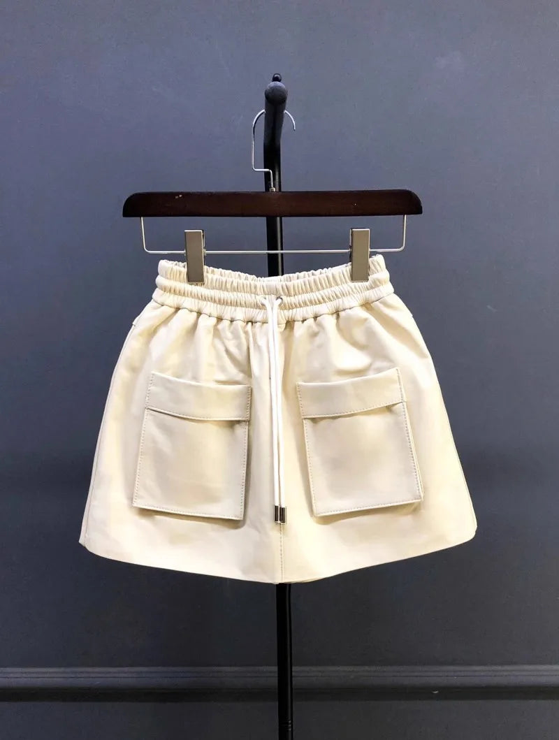 New Autumn Natural Sheepskin Elastic Waist Shorts Skirts A-Line Pocket Wide Leg Casual Above Knee Mini Genuine Leather Skirt 4XL