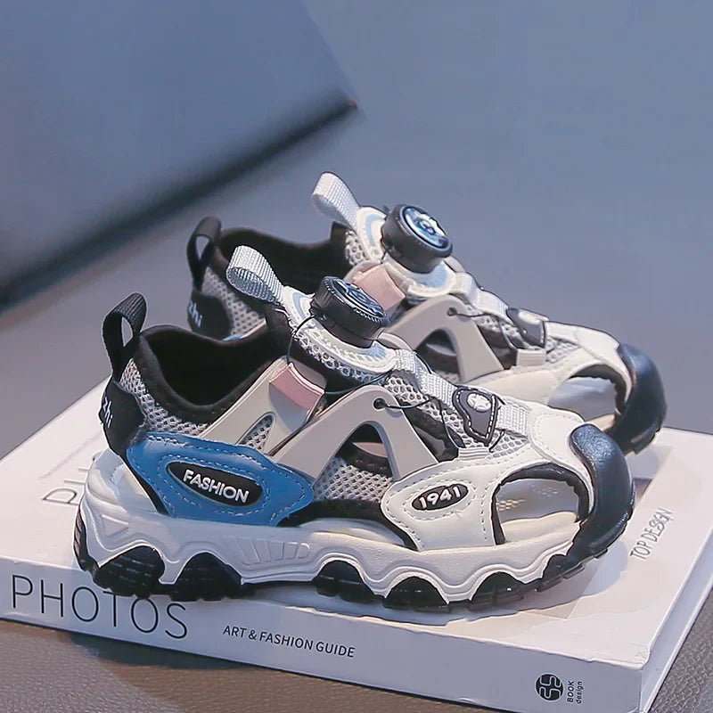 Kids Shoes Rotating Button Closed-Toe Boys Sandals Breathable Mesh Sport Shoes for Boys, Non-Slip Children Summer Sneakers