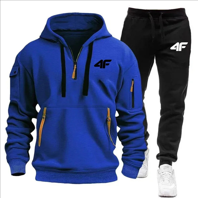 Men's tracksuit zipper hood multi-pocket and protective pants casual jogging tracksuit fall/winter 2-piece setLarge size S-3XL