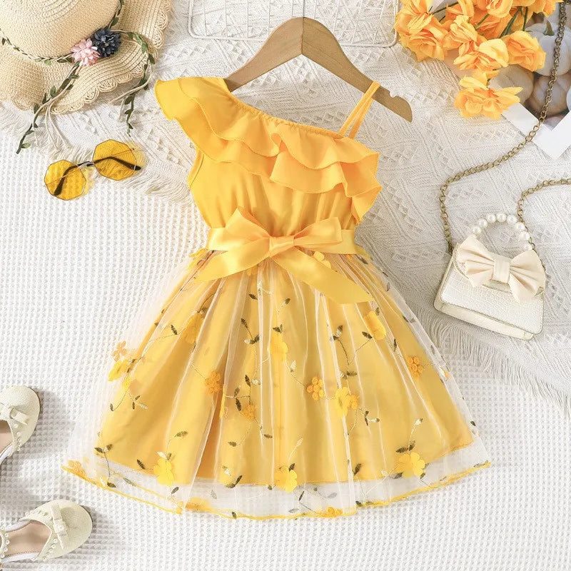 Girls Baby England Style Dresses Kids Lotus Leaf Sloping Shoulder Suspender A-line Skirt Summer Children Fashion Party Clothes