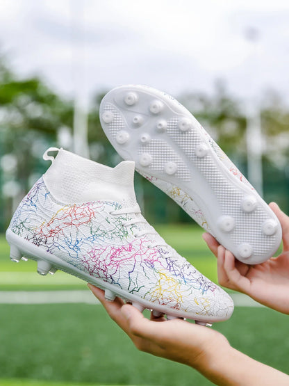 High quality, high-top football shoes, unisex style, comfortable, breathable, available in TF and FG options.  Sole spikes