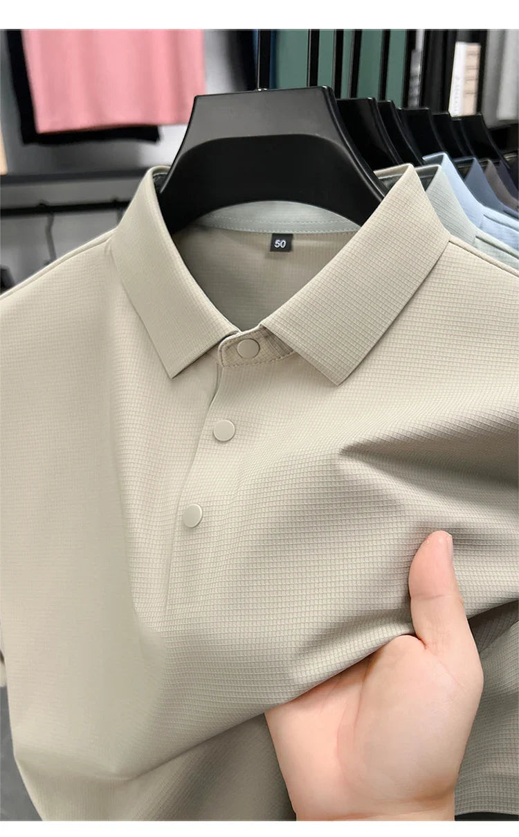 Summer Short Sleeve T-Shirt - Premium Jacquard Spandex, 7A Antibacterial, Seamless, Contrast Color, Split Hem, Wrinkle-Free Polo