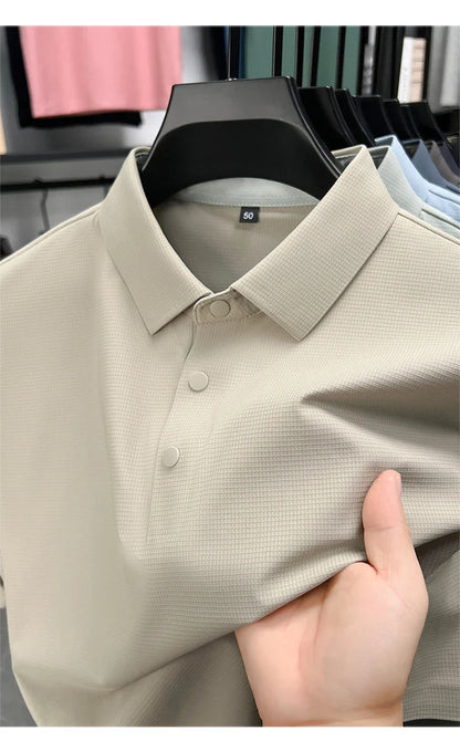 Summer Short Sleeve T-Shirt - Premium Jacquard Spandex, 7A Antibacterial, Seamless, Contrast Color, Split Hem, Wrinkle-Free Polo