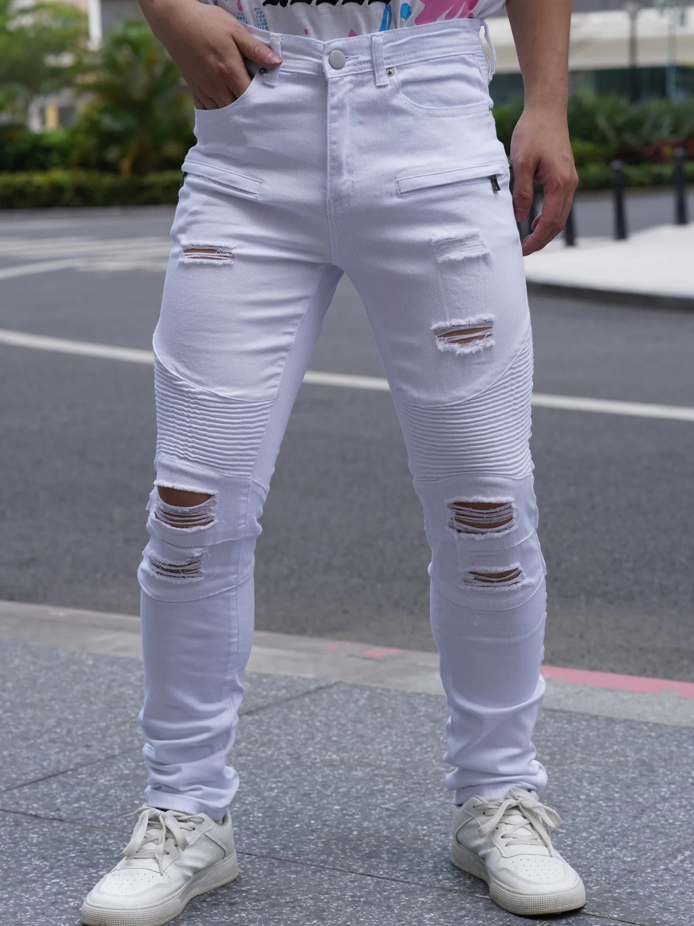 Fashionable Distressed Men's Jeans  White Color  Versatile And Easy To Match  Promotion Offer  Free Shipping To Your Home