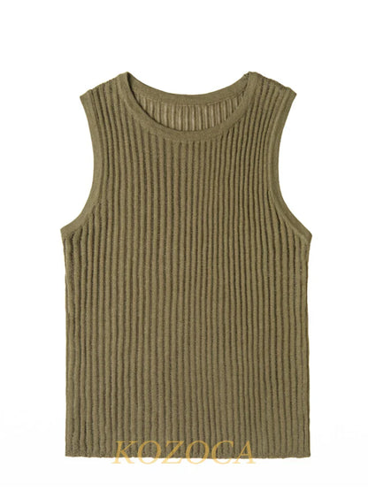 100% Wool Chic Solid Tanks Elegant Striped See Through Hollow Out Women Tops Sleeveless Elastic Tops Club Party Clothes