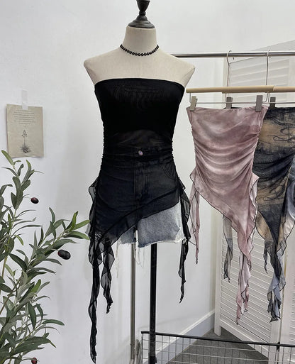 Tie Dye Summer Tops for Women Y2K Strapless Sleeveless Asymmetrical Ruffle Fishtail Ruched Stretch Mesh Vintage Clothes