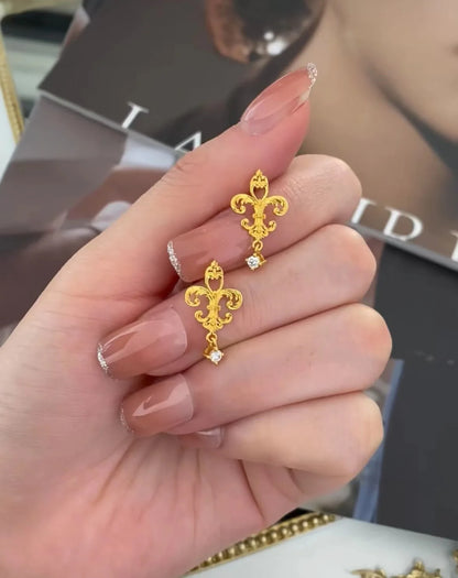 24K Real Gold Iris Earrings 9999 Ancient Fashionable and Versatile Women's Earrings Niche Design Earrings