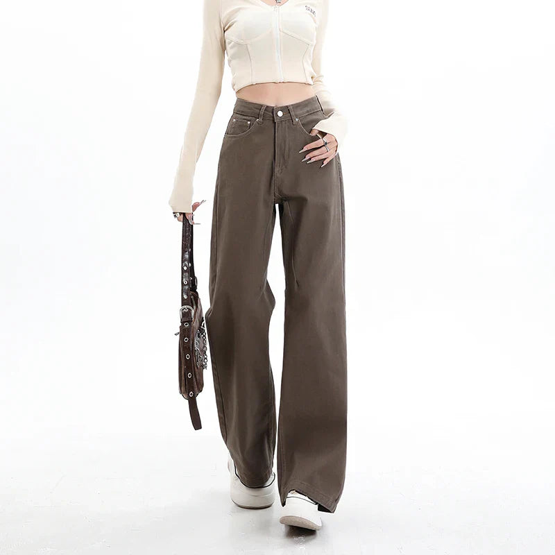 Y2k High Waist Female Clothing Solid Color Casual Wide Denim Trousers