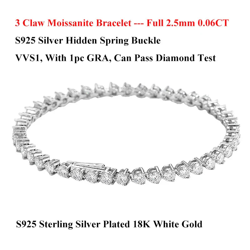 3 Claw 2.5/3mm Full D Color Moissanite Diamond Tennis Bracelet Hidden Buckle for Women Man 925 Silver Link Chain Bracelets