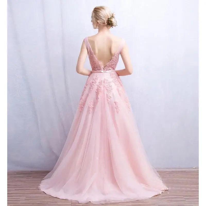 In Stock Pink Princess Prom Dresses Appliques Beaded V Neck Long Evening Dress Soft Tulle Bridesmaid Dress Vestidos De Fiesta