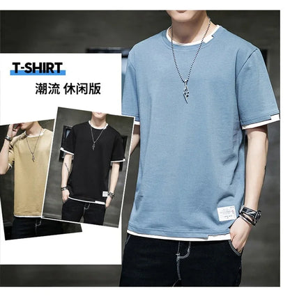 Classic Fake Two Short Sleeved Men's Pure Cotton T-shirt, Men's Summer Men's Interior Matching Trendy Brand T-shirt