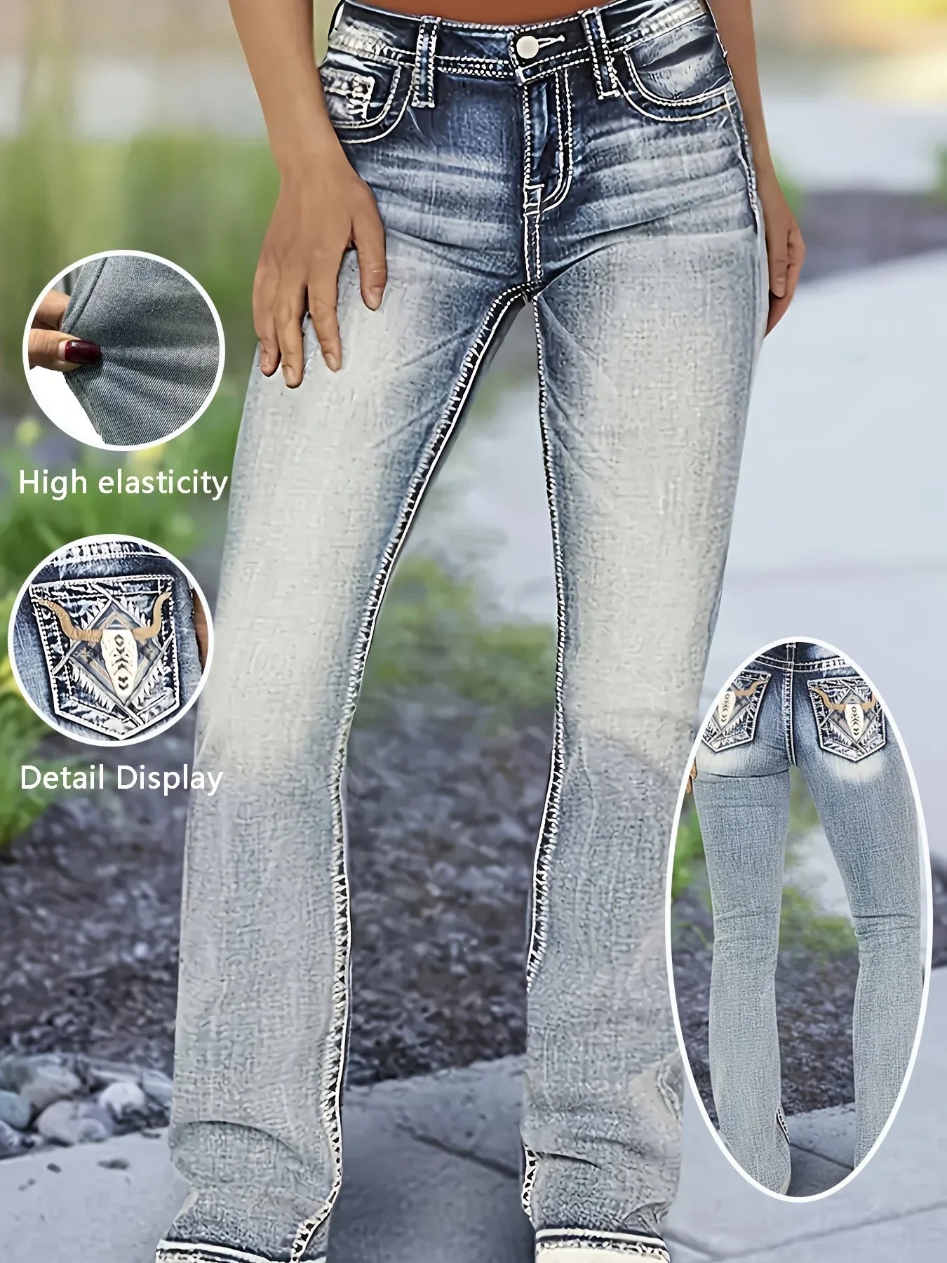 Women's jeans with cow head embroidery, vintage style, versatile and comfortable in all seasons, washed blue flared jeans