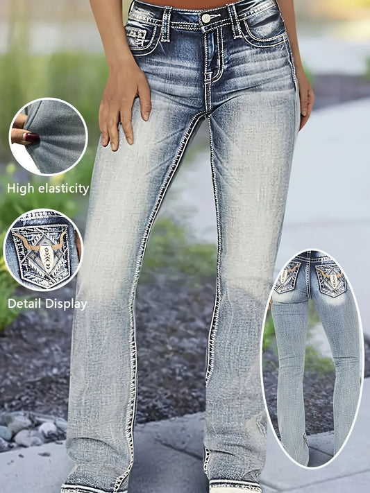Women's jeans with cow head embroidery, vintage style, versatile and comfortable in all seasons, washed blue flared jeans