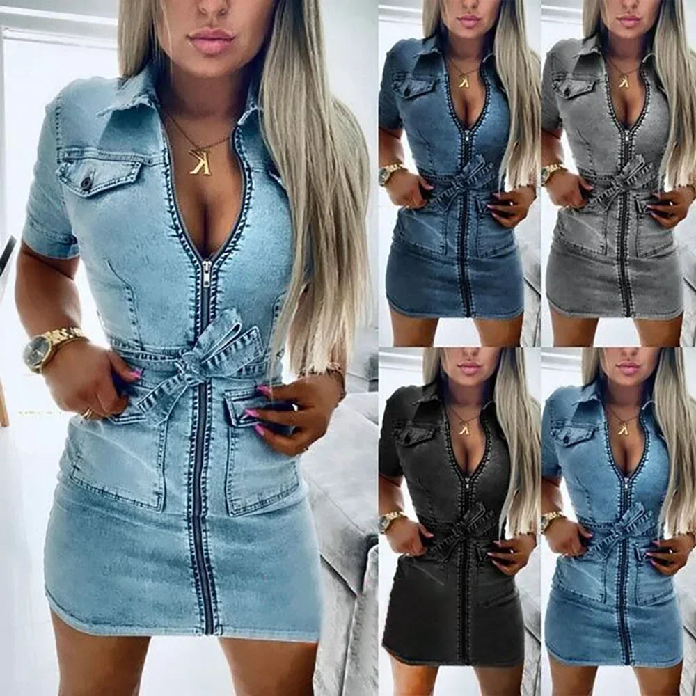 Women Denim mini Dresses Zipper Solid Color Dress Turn Down Collar Belt Streetwear Pockets Short Sleeve Slim Fit Sexy summer