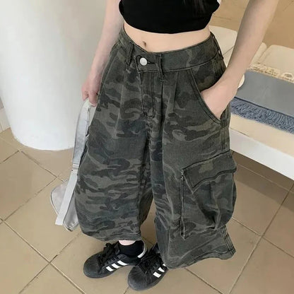 Vintage Baggy Cropped Jeans Pants Girls Fashion High Waist Denim Pants