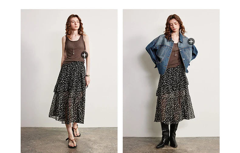 Women Chiffon Skirt 2026 Spring New Country Style Light and Flowing Floral Print Layered Ruffled Skirt