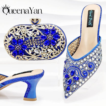 Nigerian Design Comfortable Women's Shoes with Diamond Oval Bag Women's High Heels for Party or Work