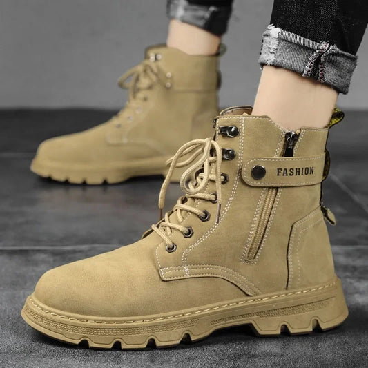 High Top Men's Shoes for Spring and Autumn, New Anti Slip and Waterproof Desert Boots Outdoor Zipper Hiking Shoes Work Boots