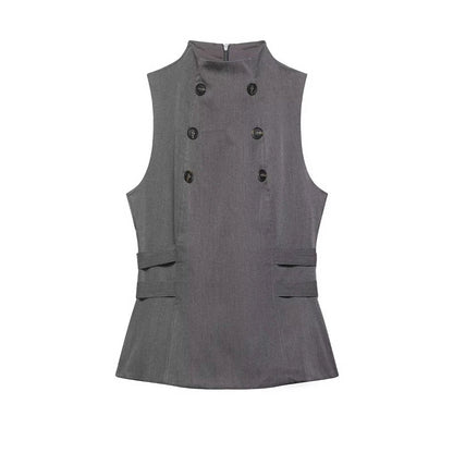 Women's two-tone double-breasted high-neck sleeveless top, waist-cinching slim-fit high-street casual women's vest, 2026 new