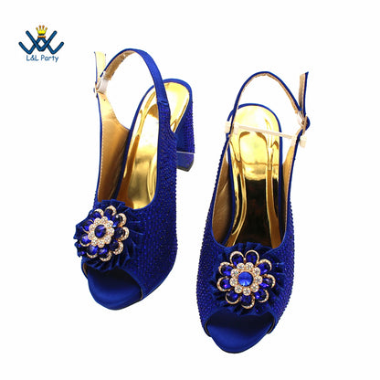 Special Design Women Crystal Style African Ladies Party Shoes Matching Bag in Magenta Color