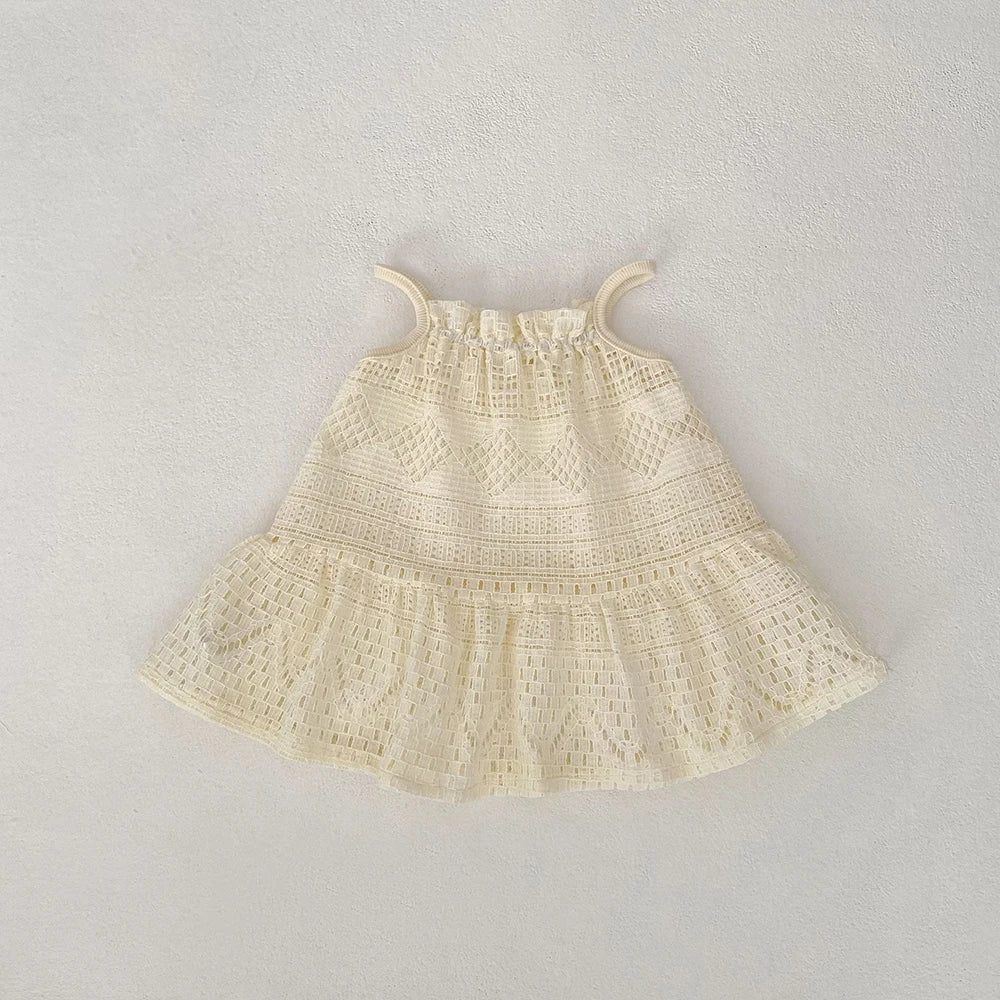 2025 New Summer Girls Lace Hollow Out Ruffled Straps Princess Dress Kids Party Dresses Baby Girls Fashion Summer Outfit