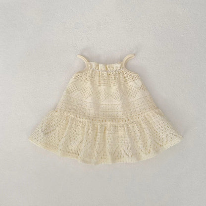2025 New Summer Girls Lace Hollow Out Ruffled Straps Princess Dress Kids Party Dresses Baby Girls Fashion Summer Outfit