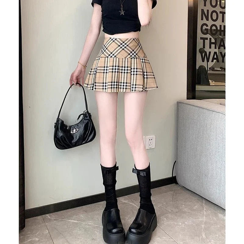 Summer Chic Korean Lady Thin Wrap Hip Skirts Female Retro High Waist A-line Skirts Women Fashion Plaid Designer Skirts