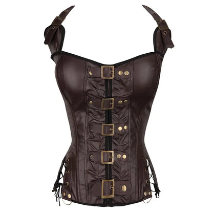 Steampunk Corsets And Bustiers Sexy Halterneck Synthetic Leather Gothic Punk Corset Top Women Outwear Corselet