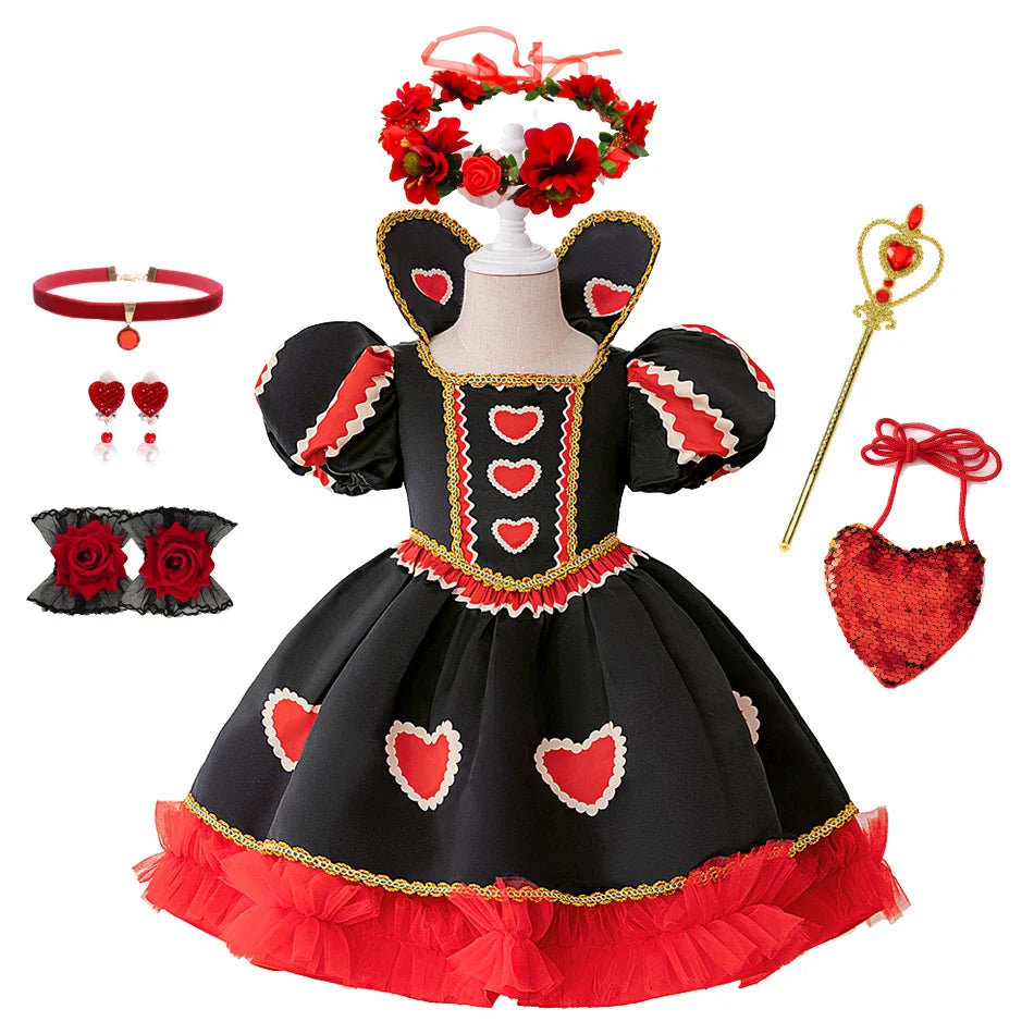 Halloween Red Queen Costume Girls Queen of Hearts Costume with Heart Details Stand Collar Red Black White Carnival Dress