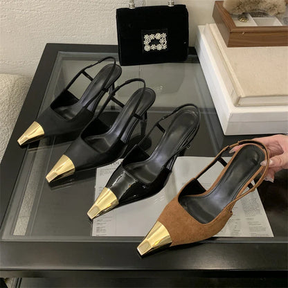 Street Style Sexy Pointed Toe Slingbacks Pumps Women Stripper Sandals High Heels Female Banquet Shoes Brown Kitten Heels