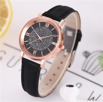 Women Watch Ladies Rhinestone Dial Wristwatch Leather Band Quartz Watches Gifts