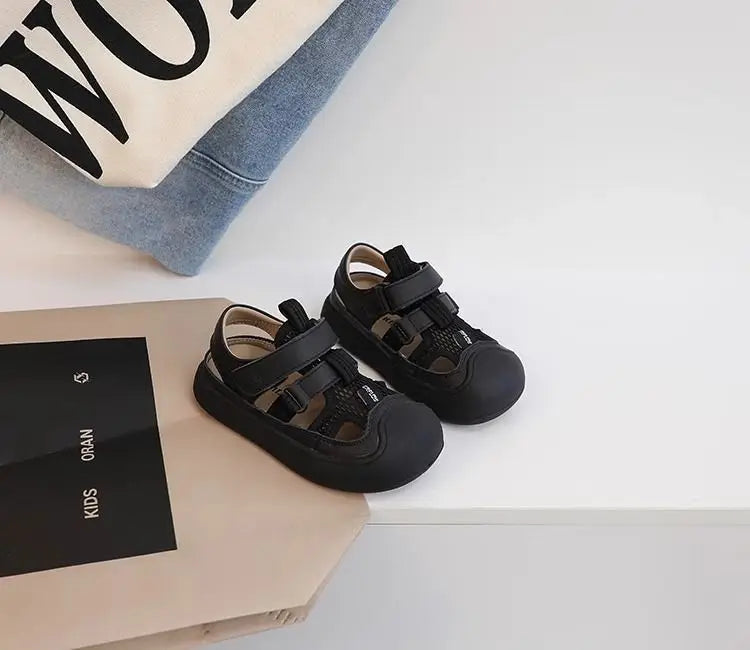 Children Sports Sandals Versatile Kids Causal Cut-outs Sandals Summer Fashion Boys Girls Patchwork Mesh Beach Shoes Black Beige