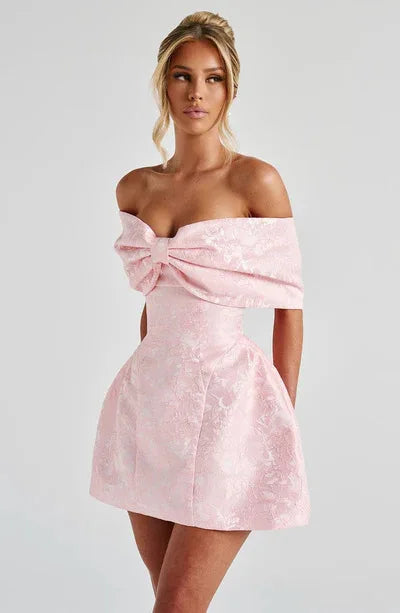 Fashionable And Sweet Slim Fit Jacquard Strapless Tie Bow One Shoulder Short Skirt American Sexy Temperament Solid Color Dresses